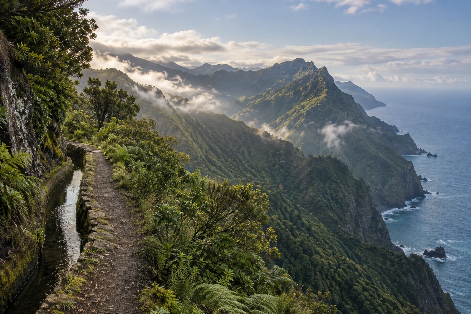 Madeira mountain ridges descending towards the Atlantic coast